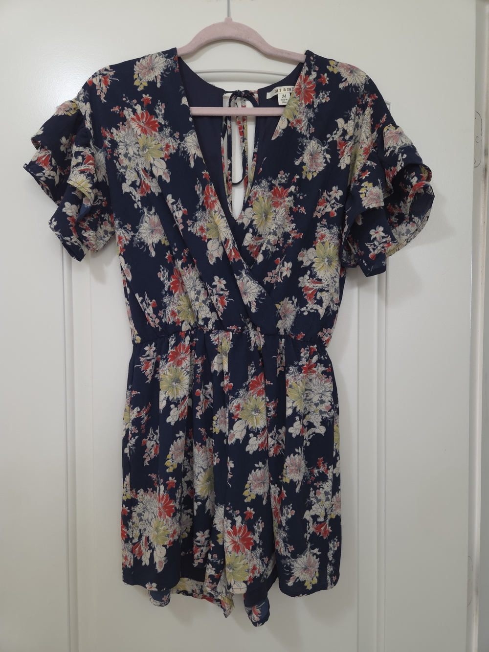 miami Navy Floral Wrap Romper with Red and Cream Blooms